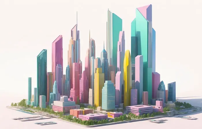 City Buildings Concept 3D Art Cartoon Illustration